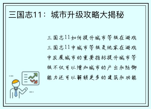 三国志11：城市升级攻略大揭秘