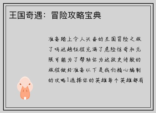 王国奇遇：冒险攻略宝典